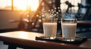 Glasses of whole milk and skim milk beside gym equipment representing muscle recovery debate