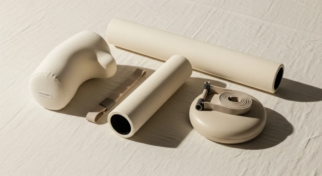 Imagem de ferramentas de saúde spinal, incluindo rolo lumbar McKenzie, faixa de resistência e almofada de equilíbrio, dispostas elegantemente sobre linho color off-white, destacando tools de spinal health tools.