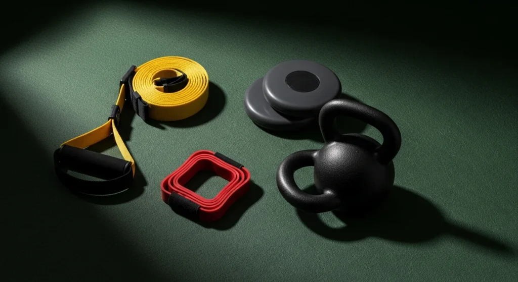 Core stability training equipment including TRX suspension trainer, gliding discs, resistance band, and kettlebell on a dark green surface