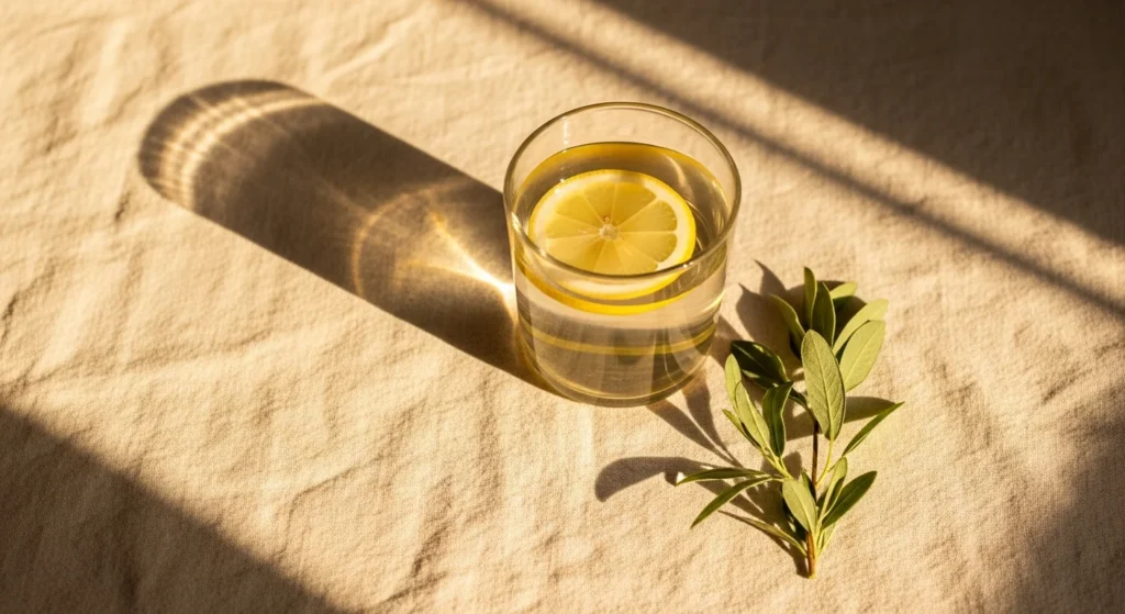 Glass of warm lemon water with lemon slice on a linen surface in soft morning sunlight, representing a healthy morning wellness routine.