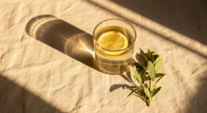 The 5-Minute Morning Routine That Strengthens Your Immune System Glass of warm lemon water with lemon slice on a linen surface in soft morning sunlight, representing a healthy morning wellness routine.