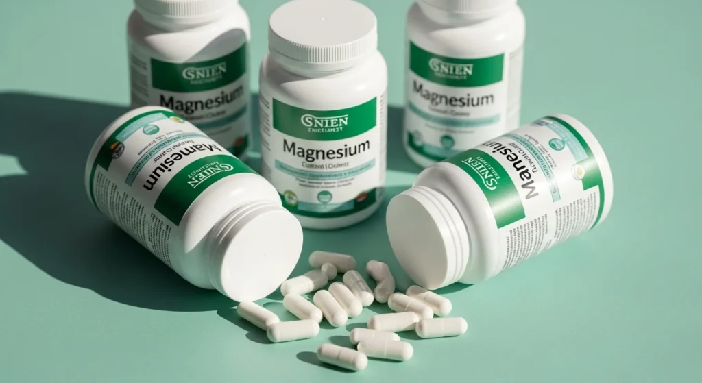 Magnesium glycinate supplement bottles and capsules on a mint green surface with soft natural lighting