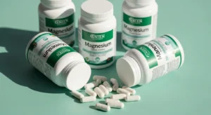 Magnesium glycinate supplement bottles and capsules on a mint green surface with soft natural lighting