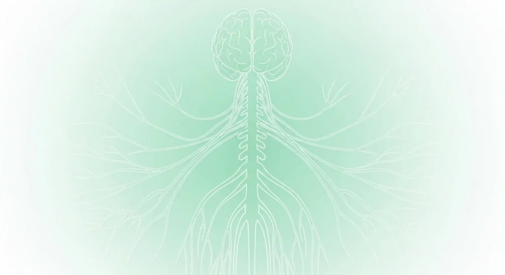 Illustrated diagram of the vagus nerve pathway connecting brain to major organs on a mint green background