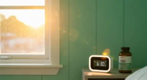 Sunrise light and circadian rhythm wellness tools including alarm clock and melatonin supplement on a mint green background