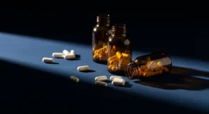 Rascunho automático: Imagem de suplementos para sono profundo com cápsulas brancas e frascos âmbar sob luz de lua suave