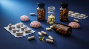 Nootropic supplements including Lion's Mane mushroom capsules and Alpha Brain on a dark indigo surface with soft lighting