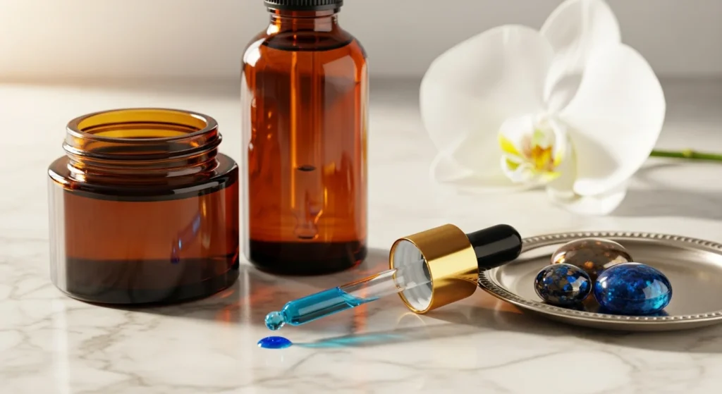 Peptide skincare serums including copper peptide dropper and amber glass bottle arranged on a marble surface.